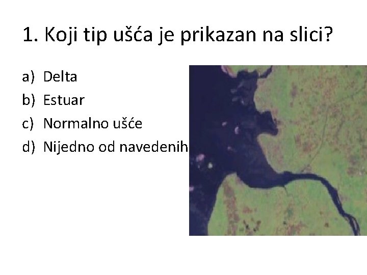 1. Koji tip ušća je prikazan na slici? a) b) c) d) Delta Estuar