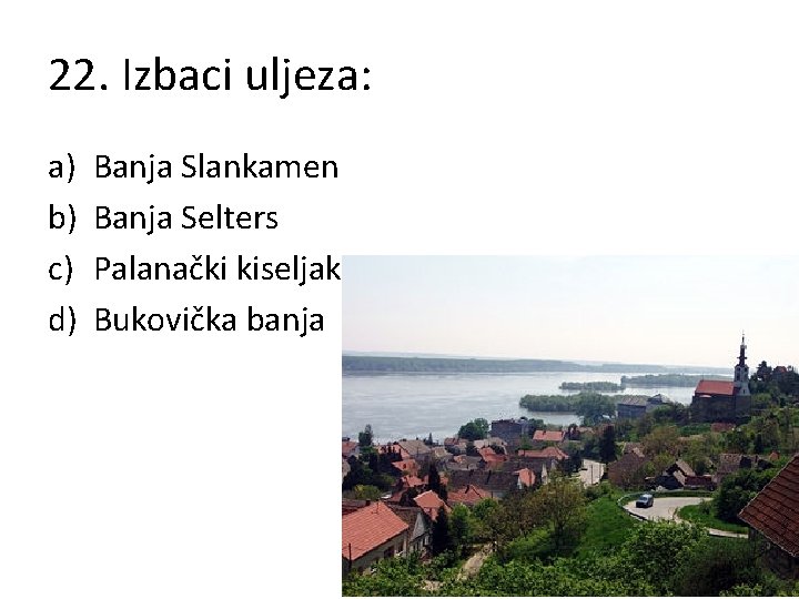 22. Izbaci uljeza: a) b) c) d) Banja Slankamen Banja Selters Palanački kiseljak Bukovička
