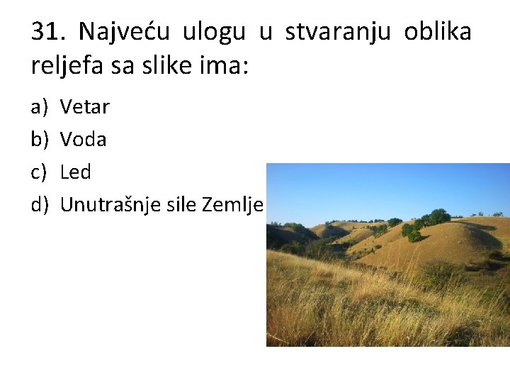 31. Najveću ulogu u stvaranju oblika reljefa sa slike ima: a) b) c) d)