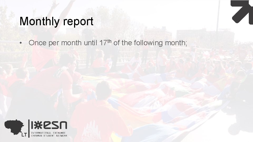 Monthly report • Once per month until 17 th of the following month; 