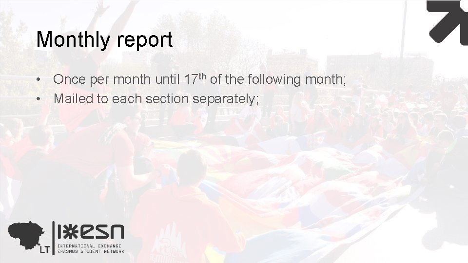 Monthly report • Once per month until 17 th of the following month; •