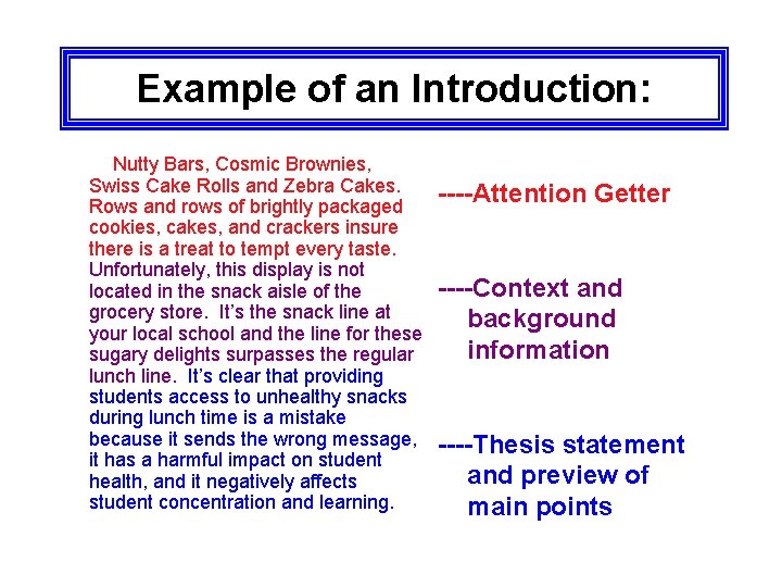 Example of an Introduction: Nutty Bars, Cosmic Brownies, Swiss Cake Rolls and Zebra Cakes.