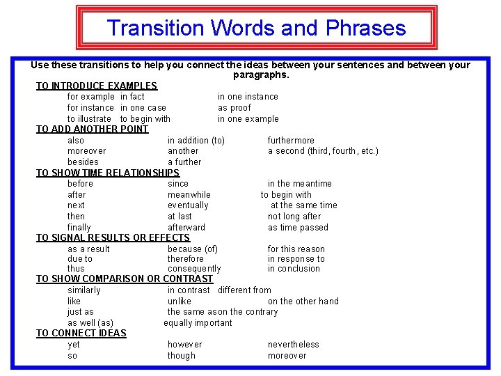 Transition Words and Phrases Use these transitions to help you connect the ideas between