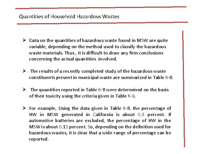 Quantities of Household Hazardous Wastes Ø Data on the quantities of hazardous waste found