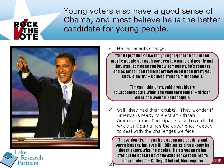 Young voters also have a good sense of Obama, and most believe he is