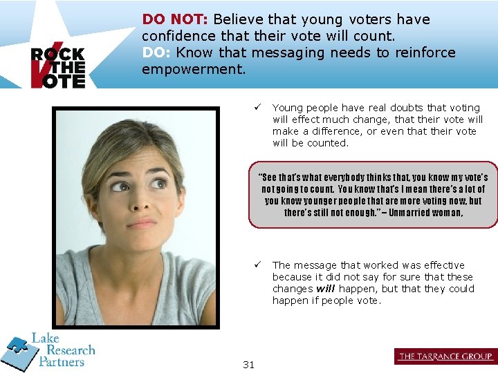 DO NOT: Believe that young voters have confidence that their vote will count. DO: