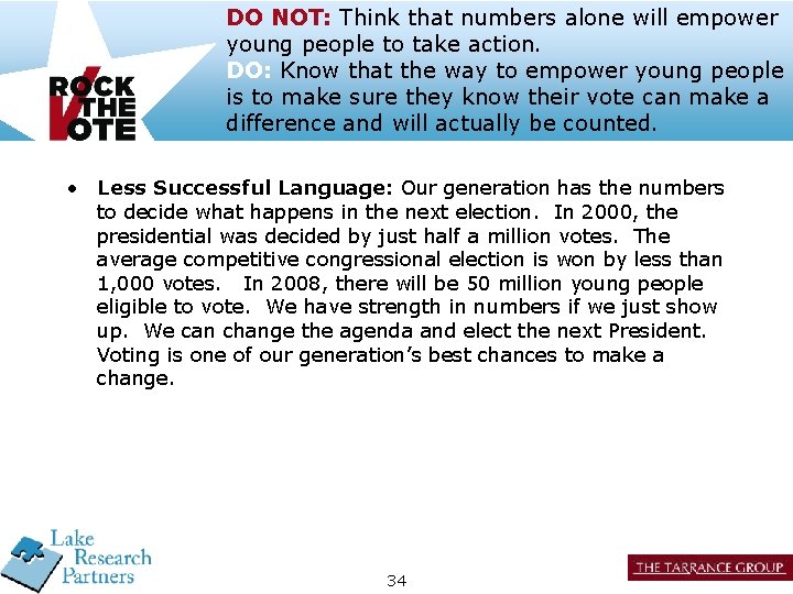 DO NOT: Think that numbers alone will empower young people to take action. DO: