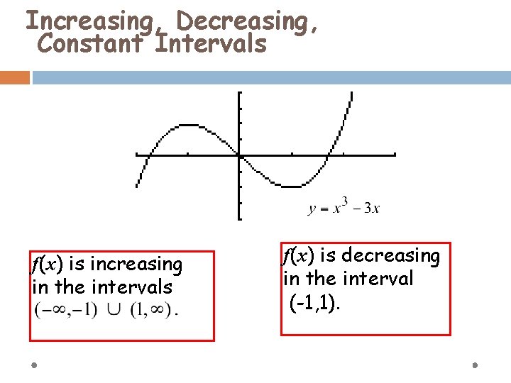 Increasing, Decreasing, Constant Intervals f(x) is increasing in the intervals f(x) is decreasing in