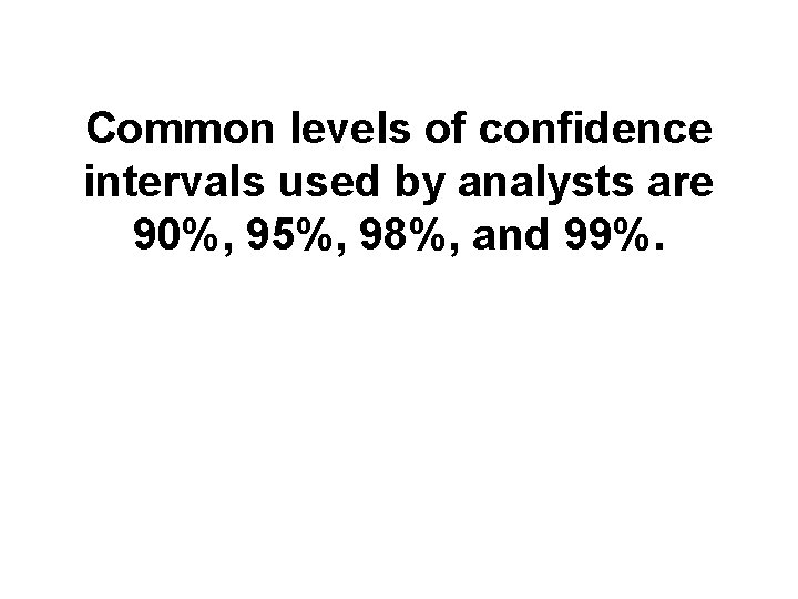 Common levels of confidence intervals used by analysts are 90%, 95%, 98%, and 99%.