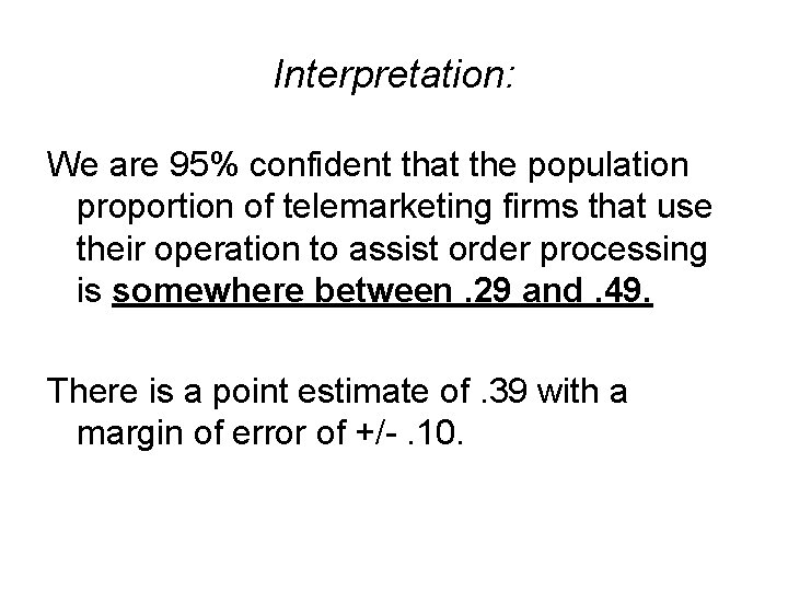 Interpretation: We are 95% confident that the population proportion of telemarketing firms that use