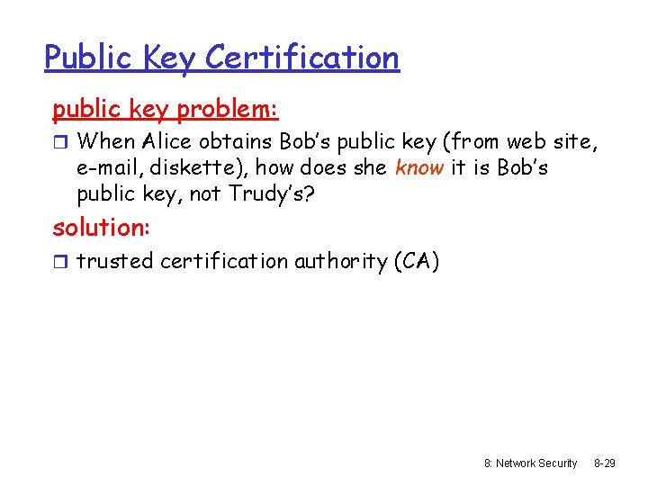 Public Key Certification public key problem: r When Alice obtains Bob’s public key (from