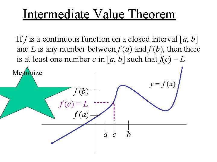 Intermediate Value Theorem If f is a continuous function on a closed interval [a,