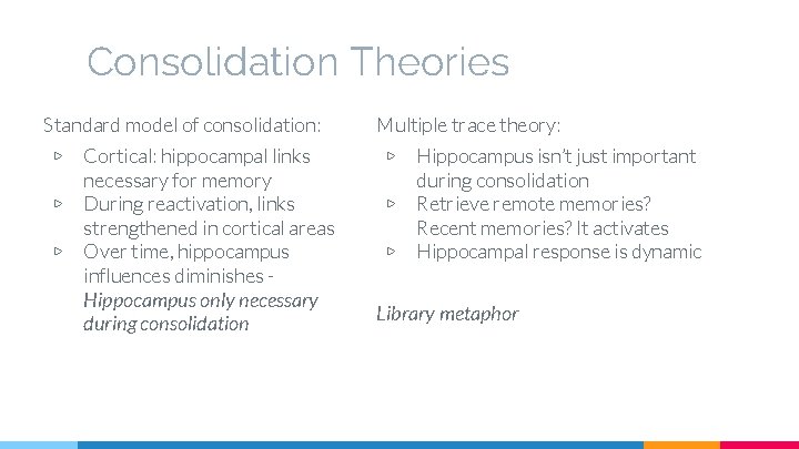 Consolidation Theories Standard model of consolidation: Cortical: hippocampal links necessary for memory ▷ During