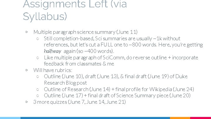 Assignments Left (via Syllabus) ▷ ▷ ▷ Multiple paragraph science summary (June 11) ○
