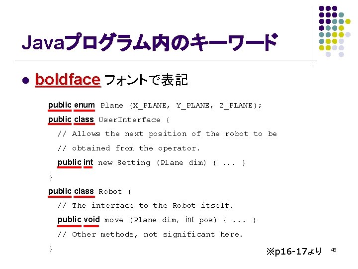 Javaプログラム内のキーワード l boldface フォントで表記 public enum Plane {X_PLANE, Y_PLANE, Z_PLANE}; public class User. Interface