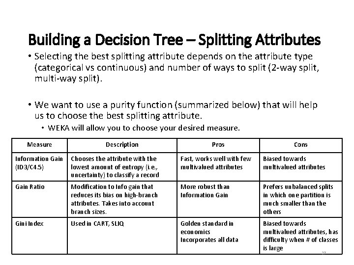 Building a Decision Tree – Splitting Attributes • Selecting the best splitting attribute depends