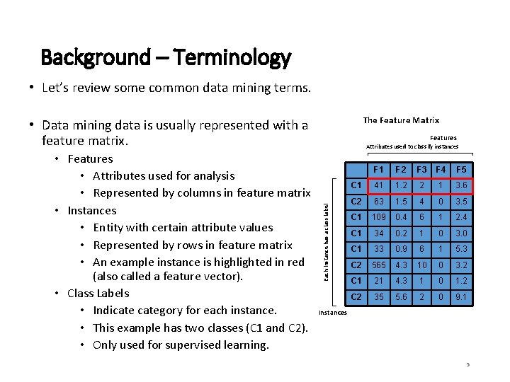Background – Terminology • Let’s review some common data mining terms. The Feature Matrix