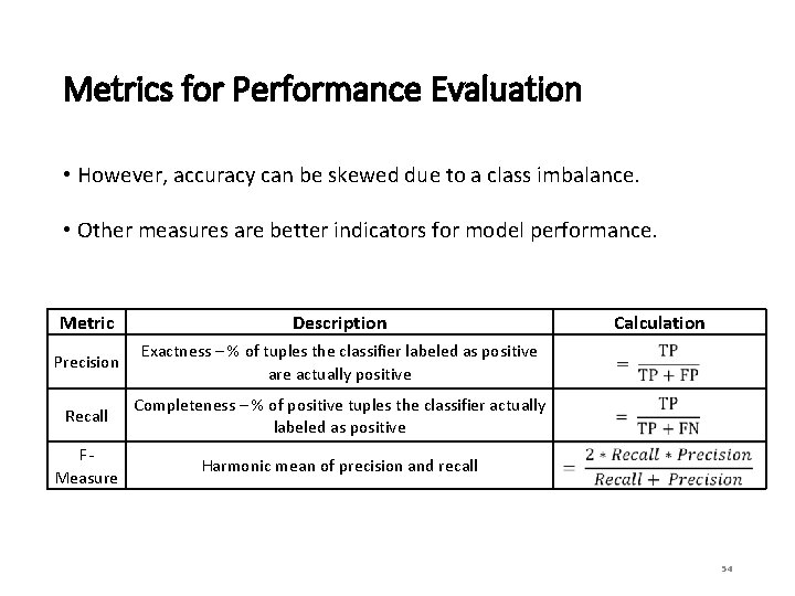 Metrics for Performance Evaluation • However, accuracy can be skewed due to a class