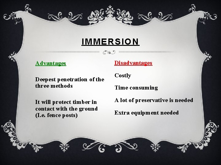 IMMERSION Advantages Deepest penetration of the three methods It will protect timber in contact
