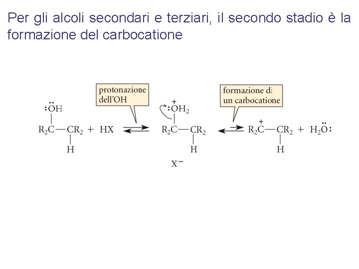 Per gli alcoli secondari e terziari, il secondo stadio è la formazione del carbocatione