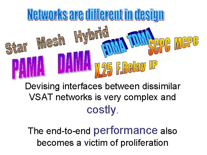 Devising interfaces between dissimilar VSAT networks is very complex and costly. The end-to-end performance