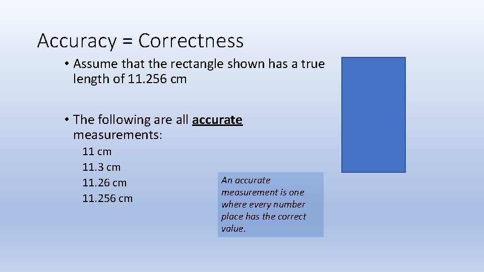 Accuracy = Correctness • Assume that the rectangle shown has a true length of