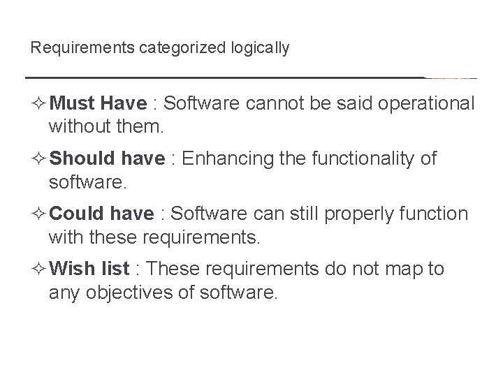 Requirements categorized logically ² Must Have : Software cannot be said operational without them.