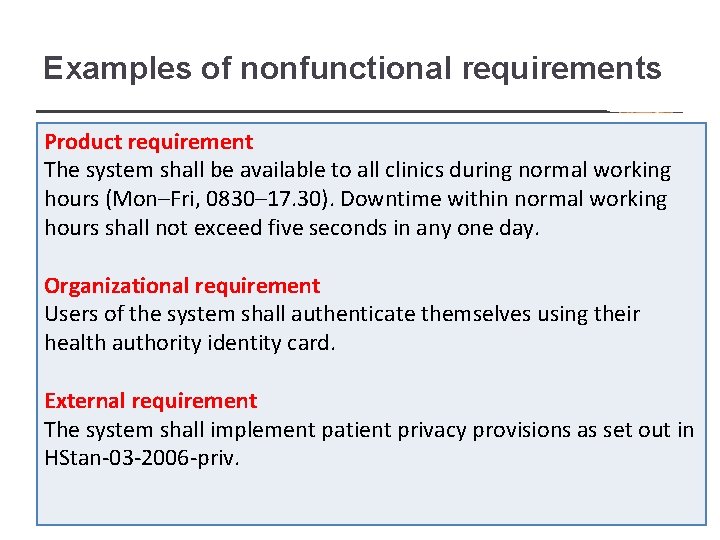 Examples of nonfunctional requirements Product requirement The system shall be available to all clinics