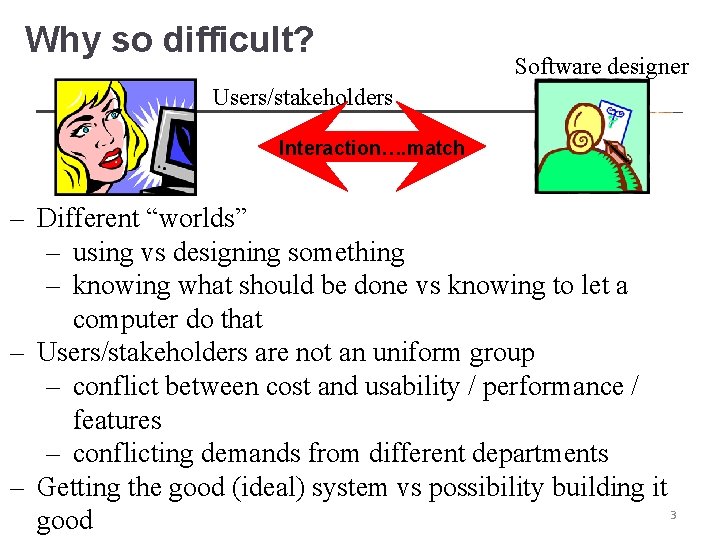 Why so difficult? Software designer Users/stakeholders Interaction…. match – Different “worlds” – using vs