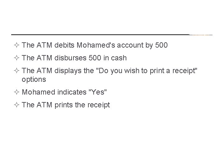 ² The ATM debits Mohamed's account by 500 ² The ATM disburses 500 in