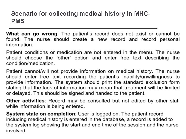 Scenario for collecting medical history in MHCPMS 