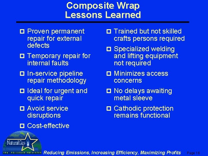 Composite Wrap Lessons Learned p Proven permanent p p p repair for external defects