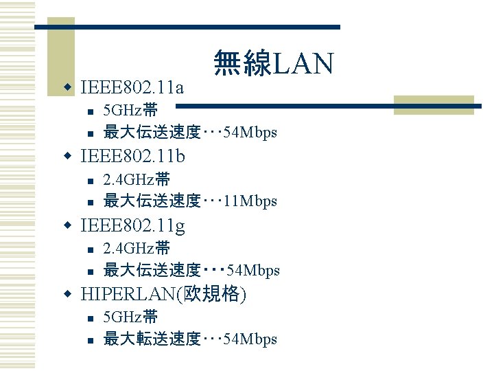 w IEEE 802. 11 a n n 無線LAN 5 GHz帯 最大伝送速度･･･ 54 Mbps w