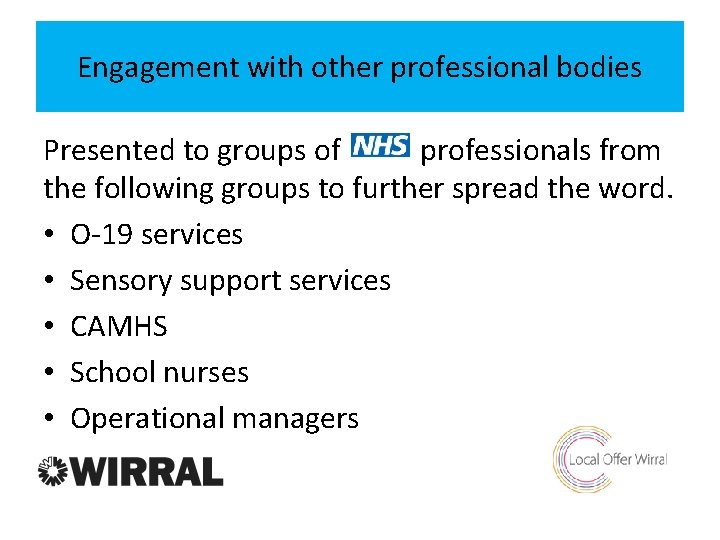 Engagement with other professional bodies Presented to groups of professionals from the following groups