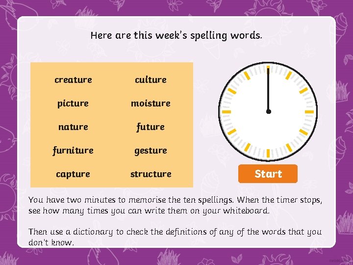 Here are this week’s spelling words. creature culture picture moisture nature furniture gesture capture