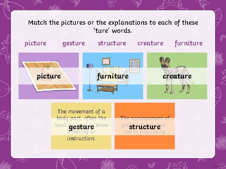 Match the pictures or the explanations to each of these ‘ture’ words. picture gesture