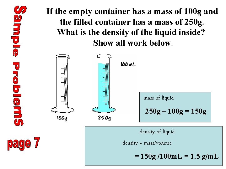 If the empty container has a mass of 100 g and the filled container