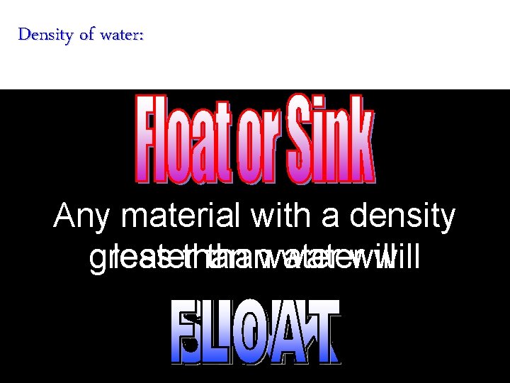 Density of water: Any material with a density greater less thanwaterwill 