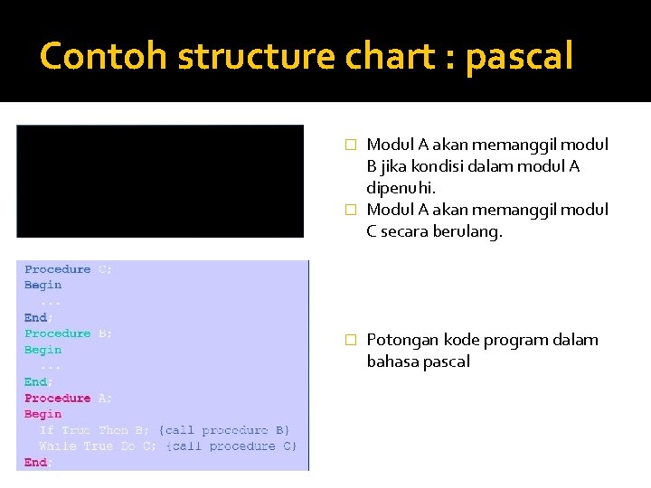 Contoh structure chart : pascal Modul A akan memanggil modul B jika kondisi dalam