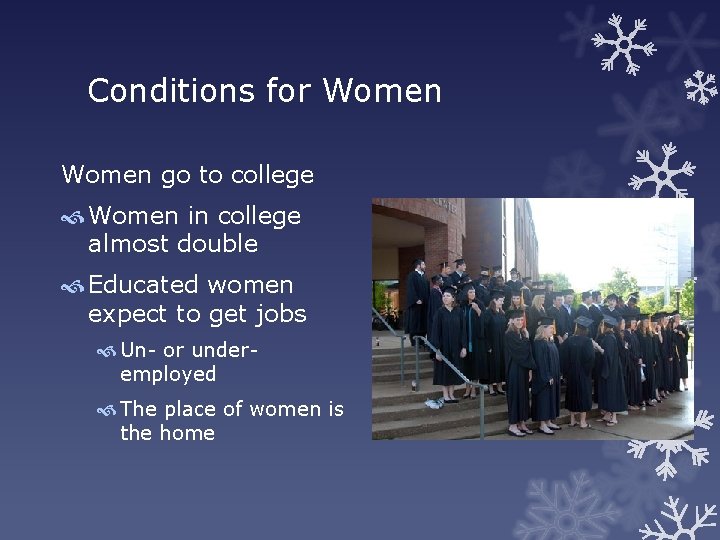 Conditions for Women go to college Women in college almost double Educated women expect