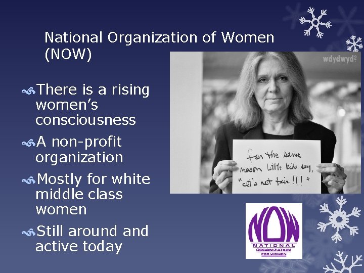 National Organization of Women (NOW) There is a rising women’s consciousness A non-profit organization