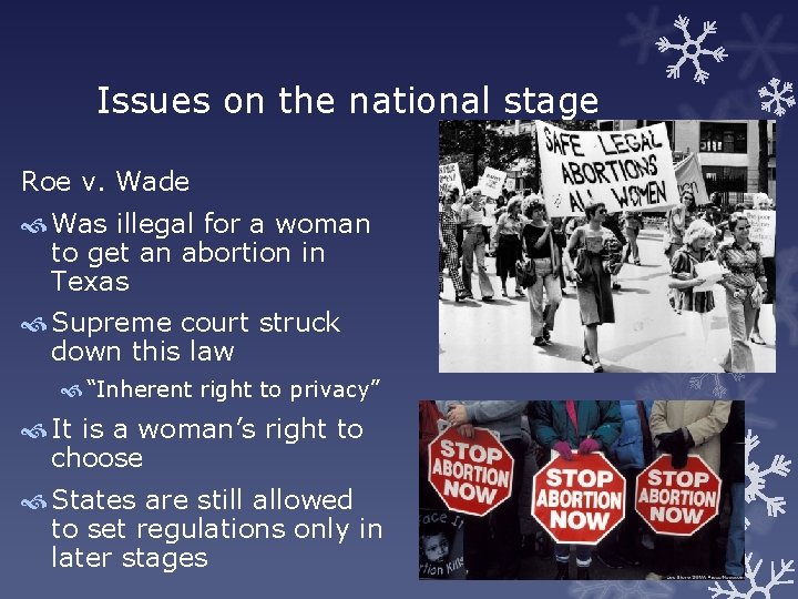 Issues on the national stage Roe v. Wade Was illegal for a woman to