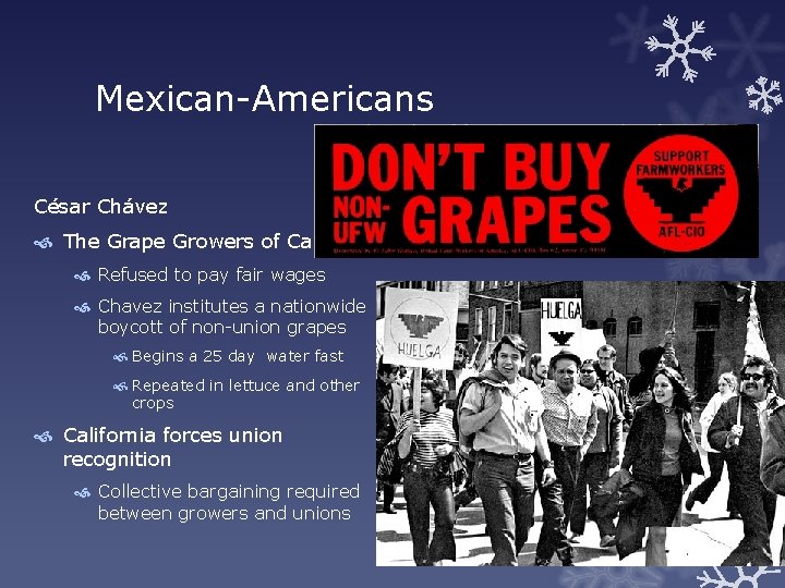 Mexican-Americans César Chávez The Grape Growers of California Refused to pay fair wages Chavez