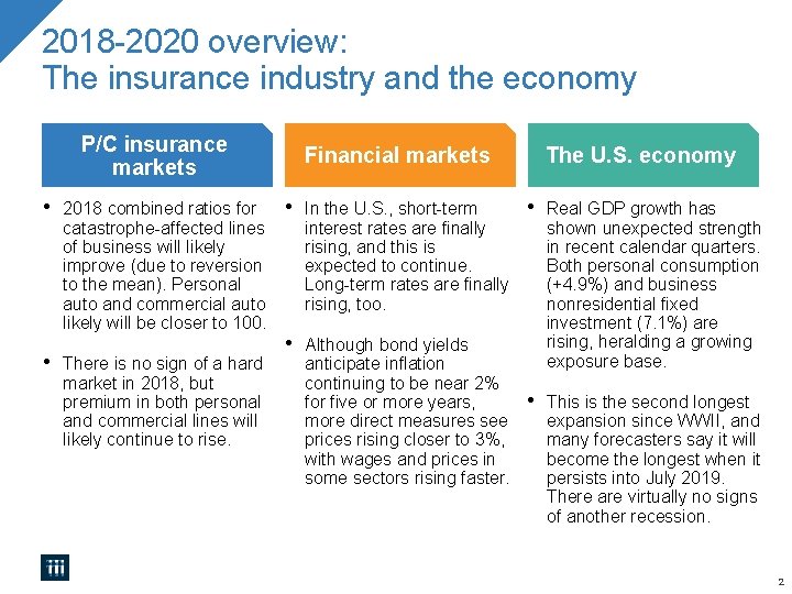 2018 -2020 overview: The insurance industry and the economy P/C insurance markets • •