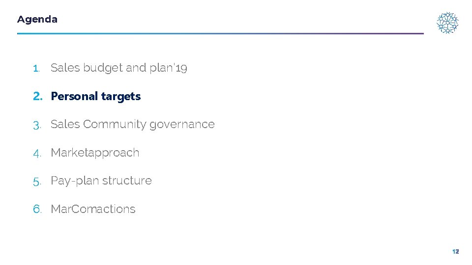 Agenda 1. Sales budget and plan’ 19 2. Personal targets 3. Sales Community governance