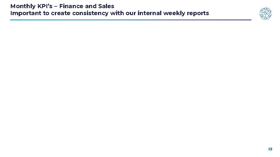 Monthly KPI’s – Finance and Sales Important to create consistency with our internal weekly