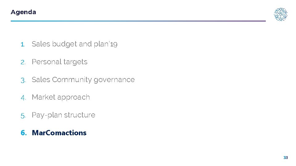 Agenda 1. Sales budget and plan’ 19 2. Personal targets 3. Sales Community governance
