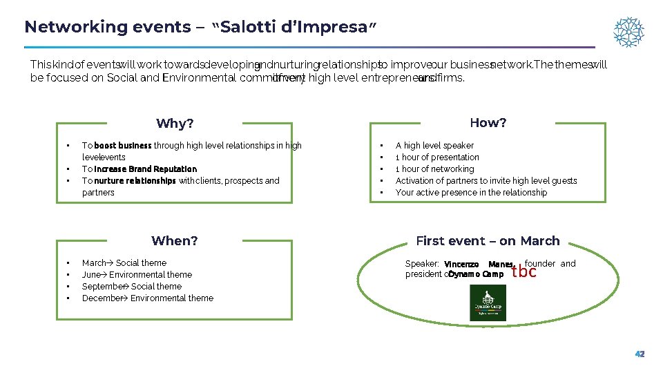 Networking events – “Salotti d’Impresa” This kind of eventswill work towardsdeveloping andnurturingrelationshipsto improveour businessnetwork.