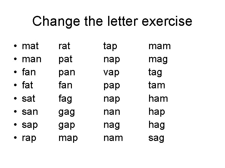 Change the letter exercise • • mat man fat san sap rat pan fag