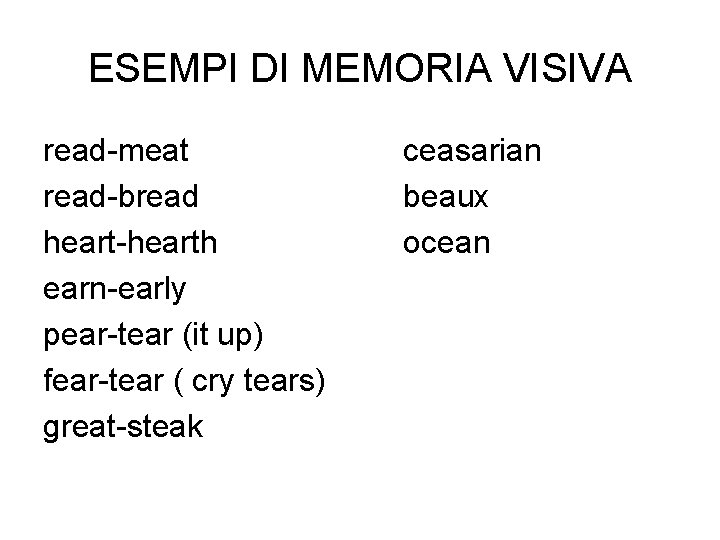 ESEMPI DI MEMORIA VISIVA read-meat read-bread heart-hearth earn-early pear-tear (it up) fear-tear ( cry
